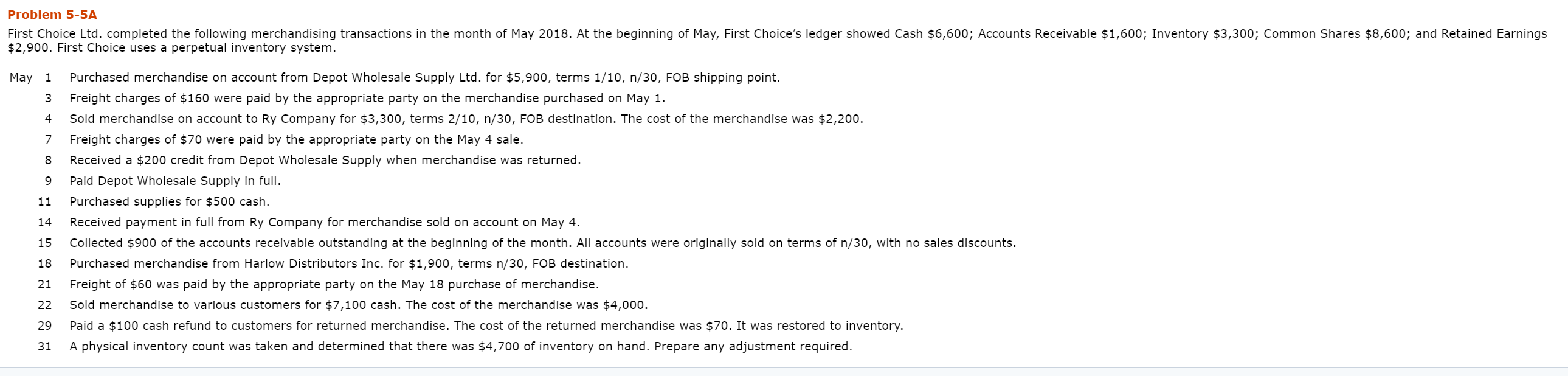  Problem 5-5A First Choice Ltd. completed the following merchandising transactions in