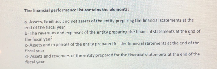 mcq The financial performance list contains the elements: a- Assets, liabilities and
