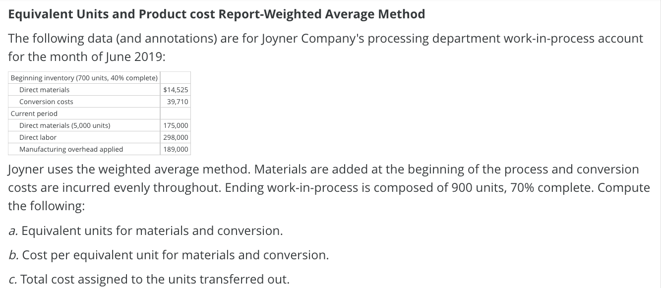 Equivalent Units and Product cost Report-Weighted Average Method The following data