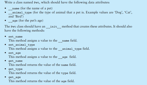 In java please Write a class named Pet, which should have the