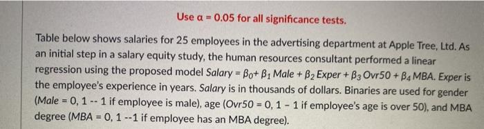  Use a = 0.05 for all significance tests. Table below shows