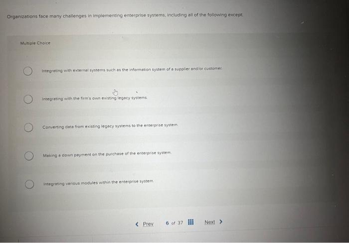  Organizations face many challenges in implementing enterprise systems, including all of