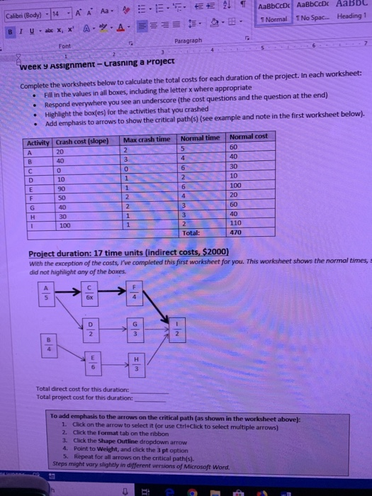 BA 476 Project Management Week 9 Assignment Crashing a Project Complete the