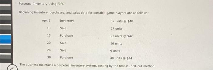  Perpetual Inventory Using FIFO Beginning inventory, purchases, and sales data for