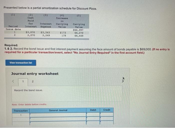 12 Presented below is a partial amortization schedule for Discount Pizza. (1)