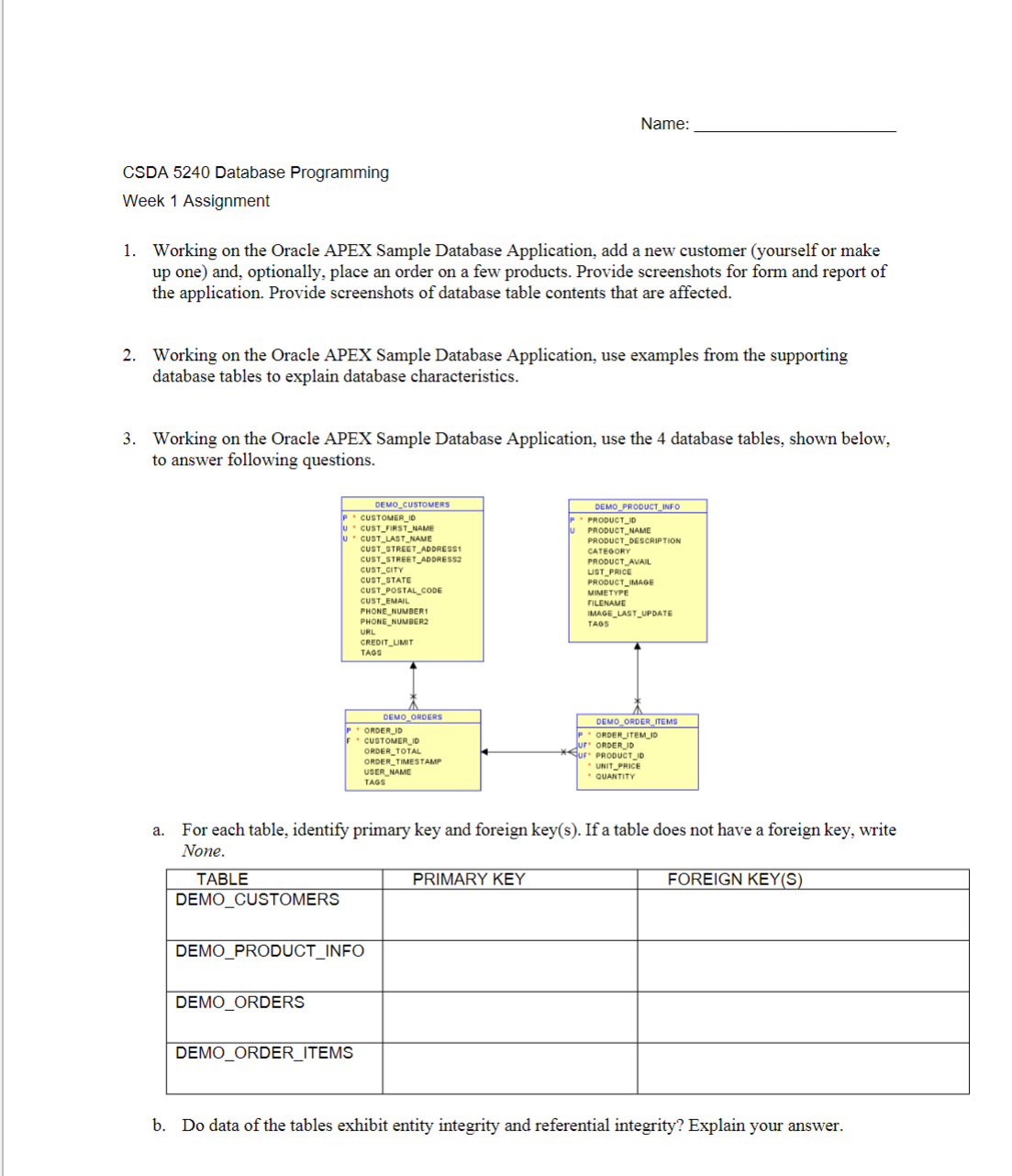  CSDA 5240 Database Programming Week 1 Assignment Working on the Oracle