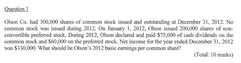  Question 1 Olson Co. had 300,000 shares of common stock issued