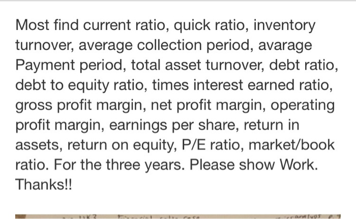  Most find current ratio, quick ratio, inventory turnover, average collection period,