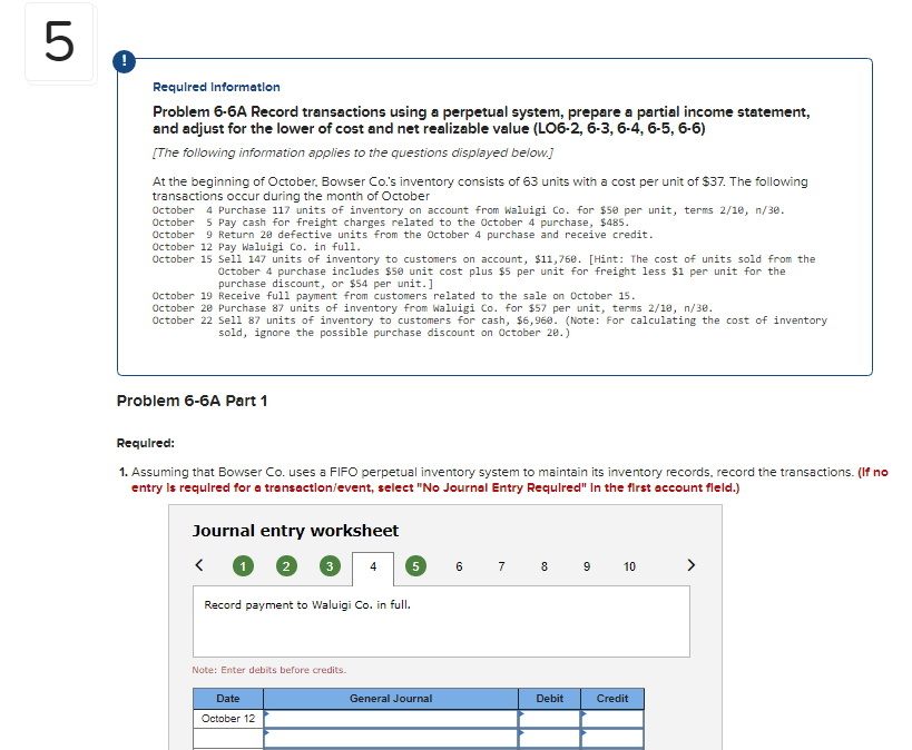 Problem 6-6A Record transactions using a perpetual system, prepare a partial income