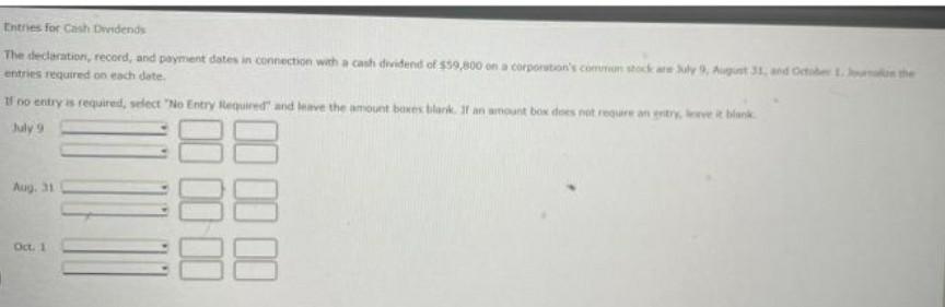  Entries for Cash Dwvidends The declaration, record, and payment dates in