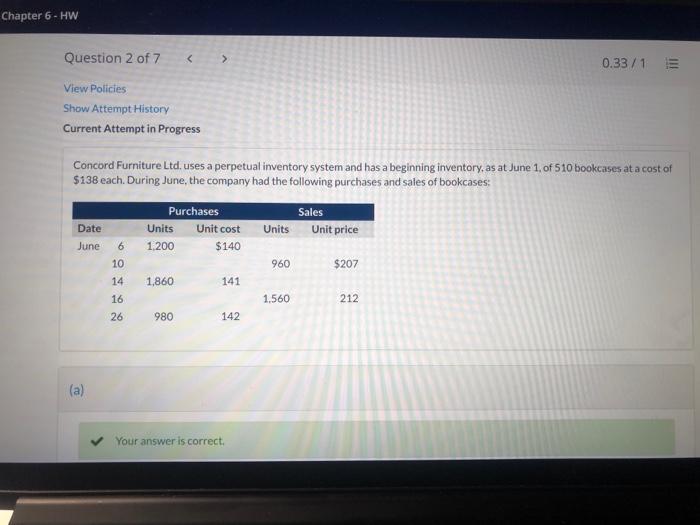  Chapter 6 - HW Question 2 of 7 0.33/1 = View
