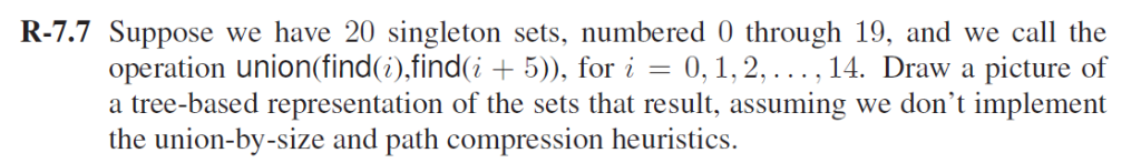 R-7.7 Suppose we have 20 singleton sets, numbered 0 through 19,