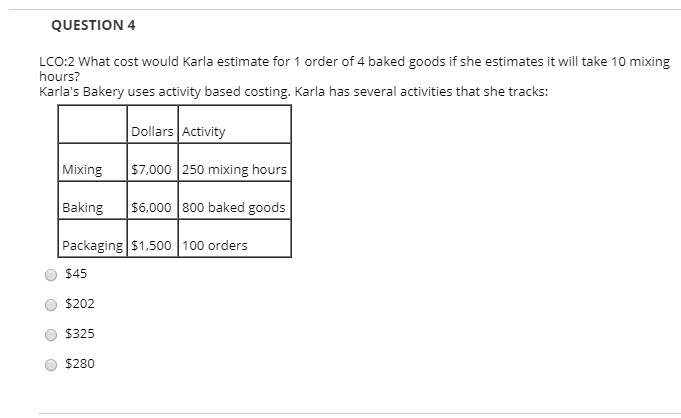  QUESTION 4 LCO:2 What cost would karla estimate for 1 order