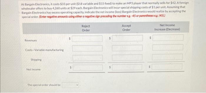  At Bargain Electronics, it costs $33 per unit ( $18 variable