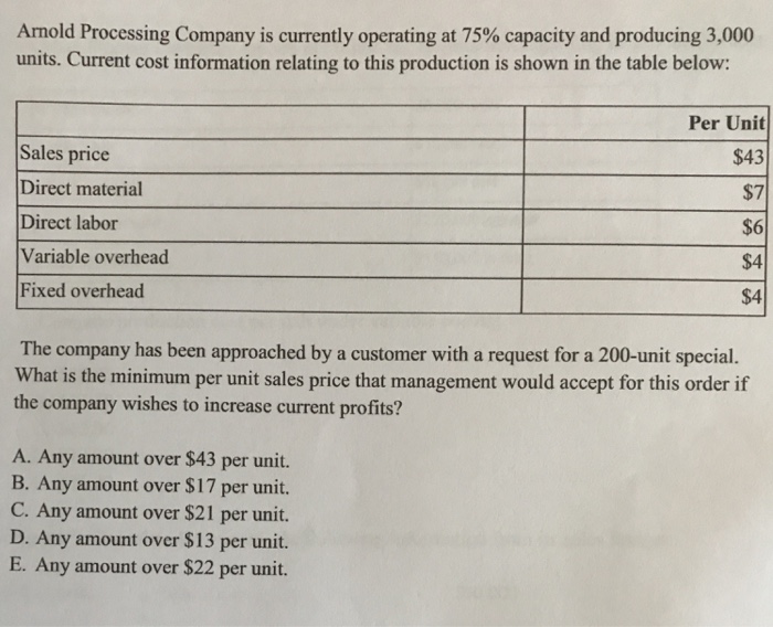  Arnold Processing Company is currently operating at 75% capacity and producing