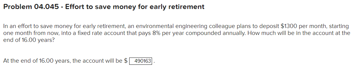  Problem 04.045- Effort to save money for early retirement In an