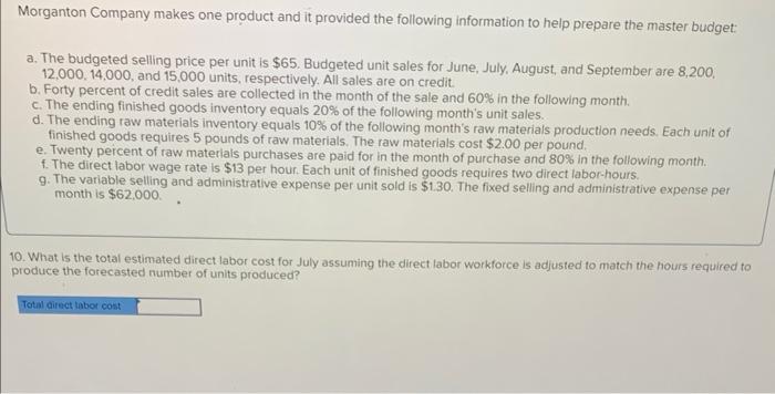 and it provided the following information to help prepare the master budget: