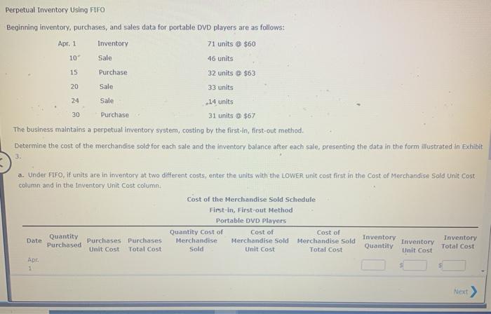  Perpetual Inventory Using FIFO Beginning inventory, purchases, and sales data for