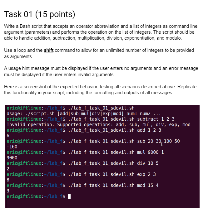  Task 01(15 points) Task 02(15 points) Write a Bash script that