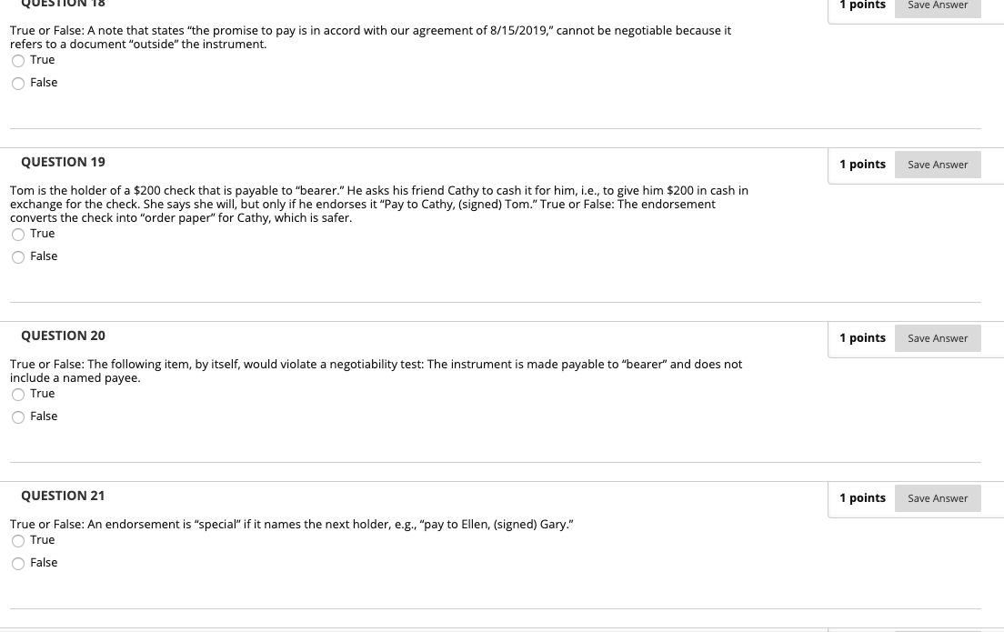  HON 18 1 points Save Answer True or False: A note