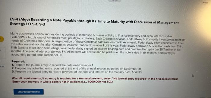  Helo E9-4 (Algo) Recording a Note Payable through Its Time to