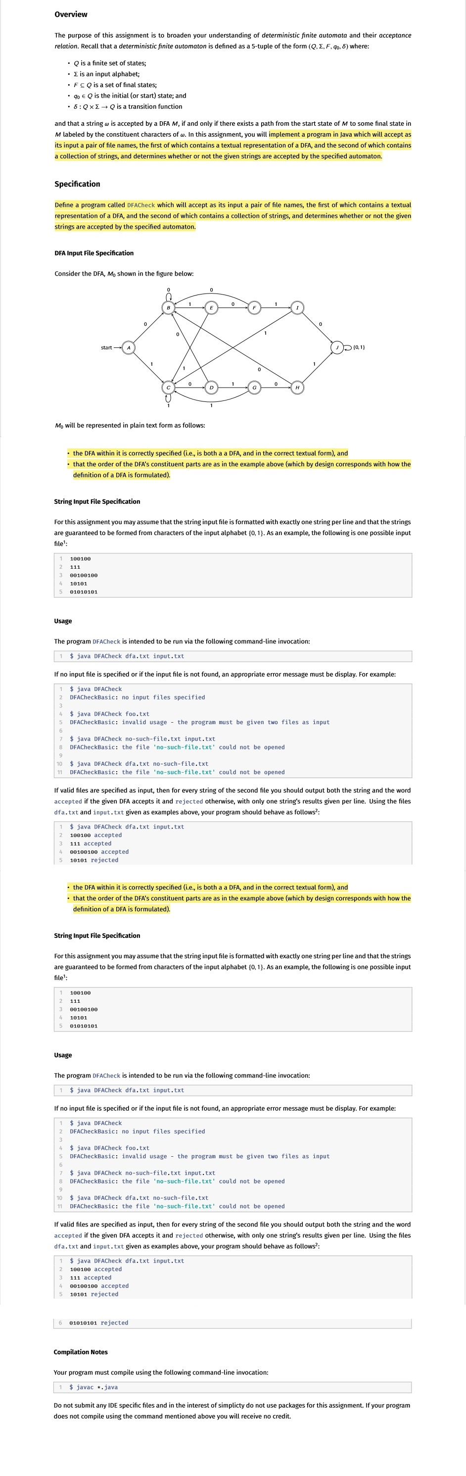 Create a DFA (deterministic finite automata) in java using these sets of