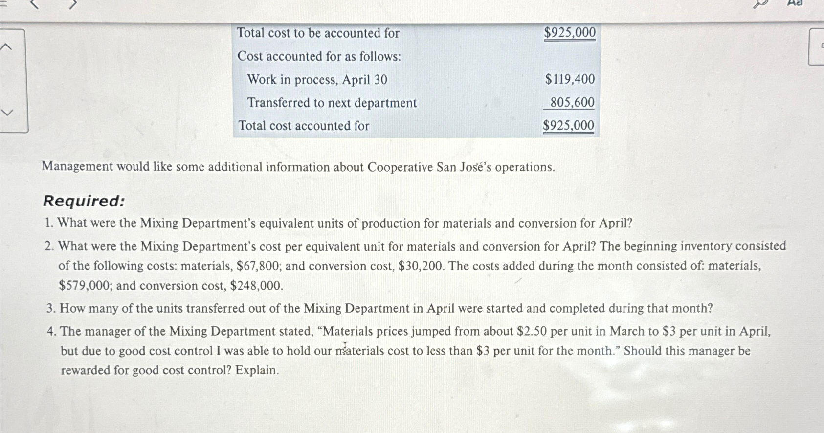  PROBLEM 4-18 Interpreting a Report-Weighted-Average Method LO4-2, LO4-3, LO4-4 Cooperative San
