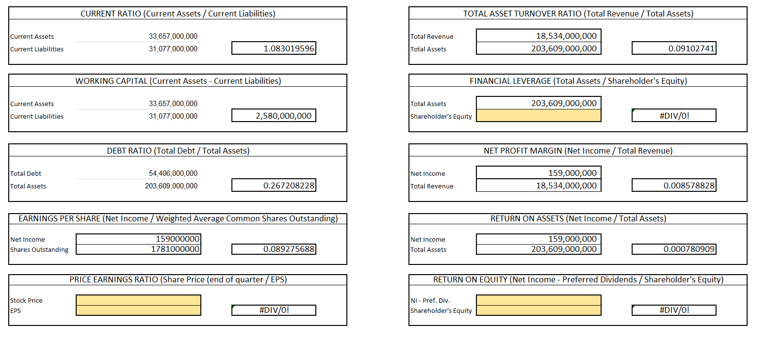 I could use some help calculating the items in yellow. Thank you.