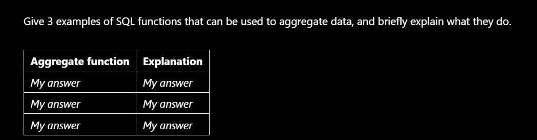 Give 3 examples of SQL functions that can be used to aggregate