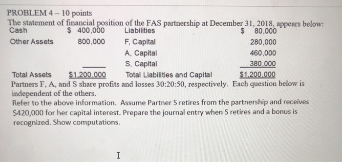  PROBLEM 4 - 10 points The statement of financial position of