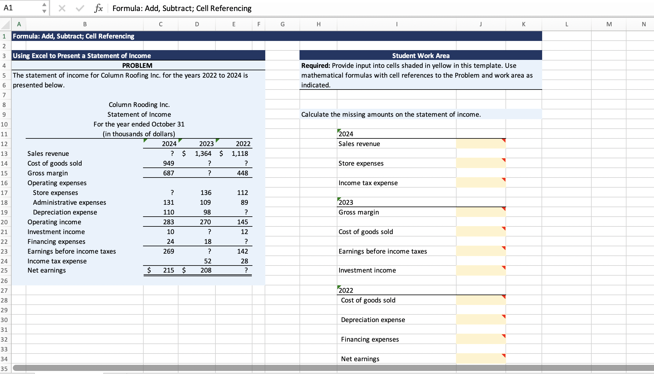  A1 fx Formula: Add, Subtract; Cell Referencing
