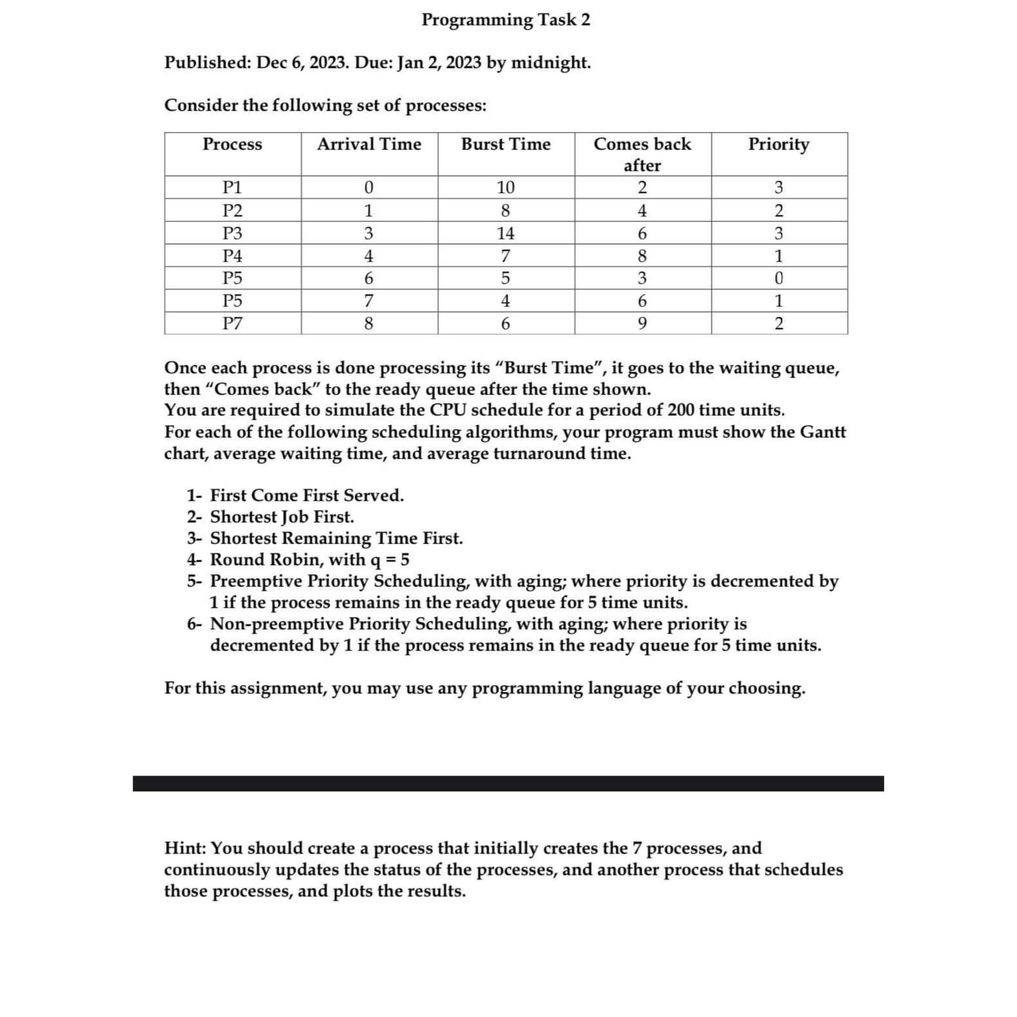  Write a c code Programming Task 2 Published: Dec 6,2023. Due: