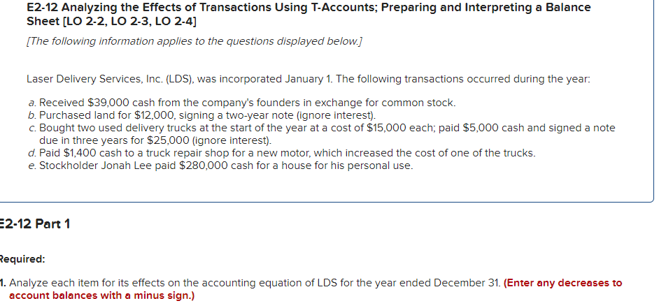  E2-12 Analyzing the Effects of Transactions Using T-Accounts; Preparing and Interpreting