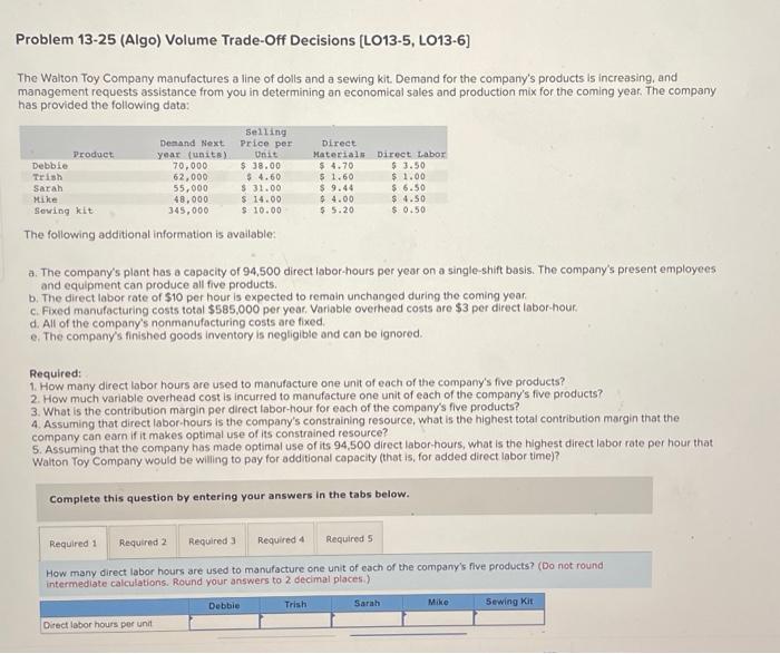 please help with one through five thank you Problem 13-25 (Algo) Volume