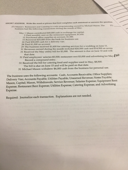 statement or answer the question. 27) Mason's Restaurant and Catering is a