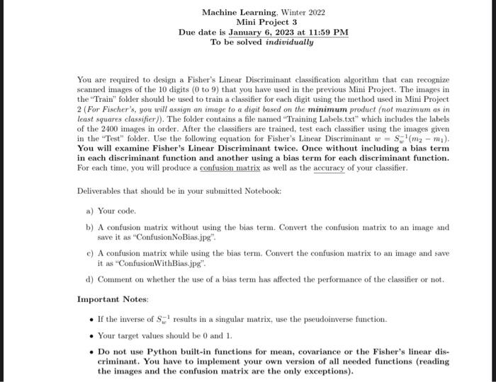  Machine Learning, Winter 2022 Mini Project 3 Due date is January