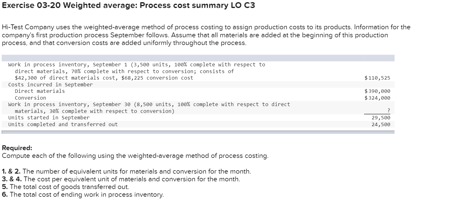 Exercise 03-20 Weighted average: Process cost summary LO C3 Hi-Test Company