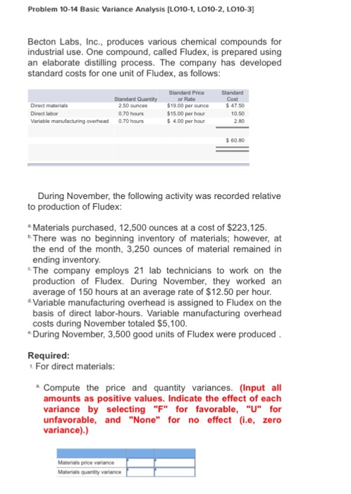  Problem 10-14 Basic Variance Analysis [LO10-1, LO10-2, LO10-3] Becton Labs, Inc.,