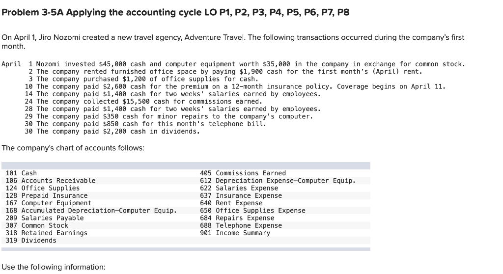 Problem 3-5A Applying the accounting cycle LO P1, P2, P3, P4,