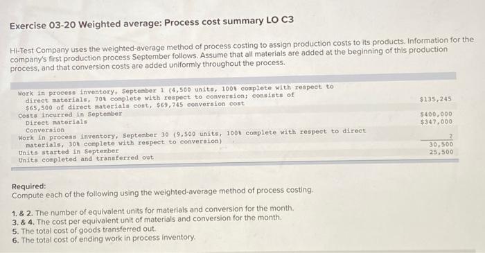 Exercise 03-20 Weighted average: Process cost summary LO C3 Hi-Test Company
