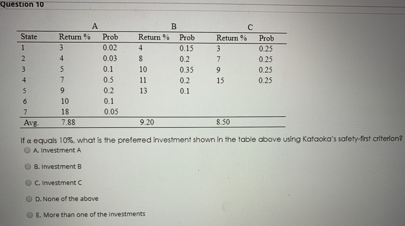 Question 10 B State Return % 1 4 Return % 3