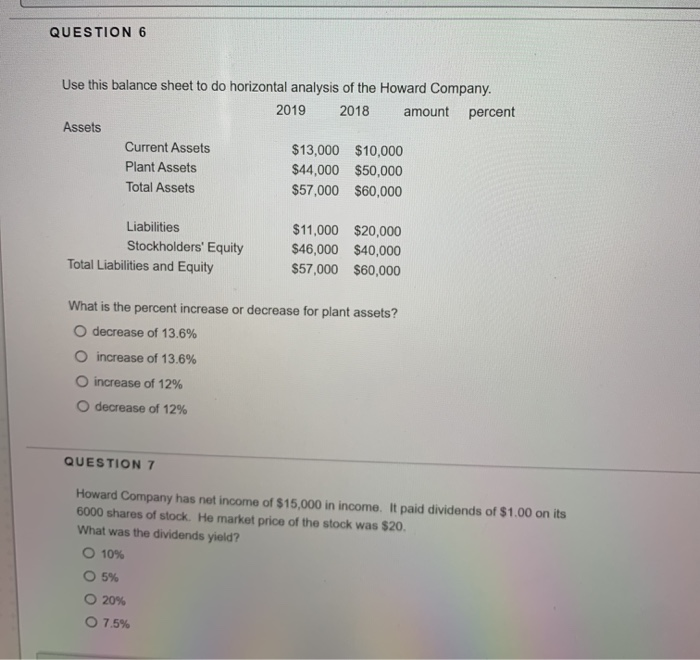  QUESTION 6 Use this balance sheet to do horizontal analysis of
