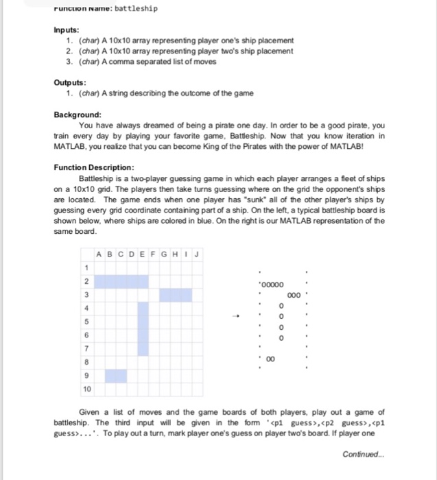  Please use MATLAB. runction Name: battleship Inputs: 1. (char) A 10x10