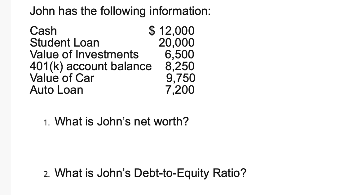 PLEASE TYPE THE ANSWER. Don't handwrite it John has the following information: