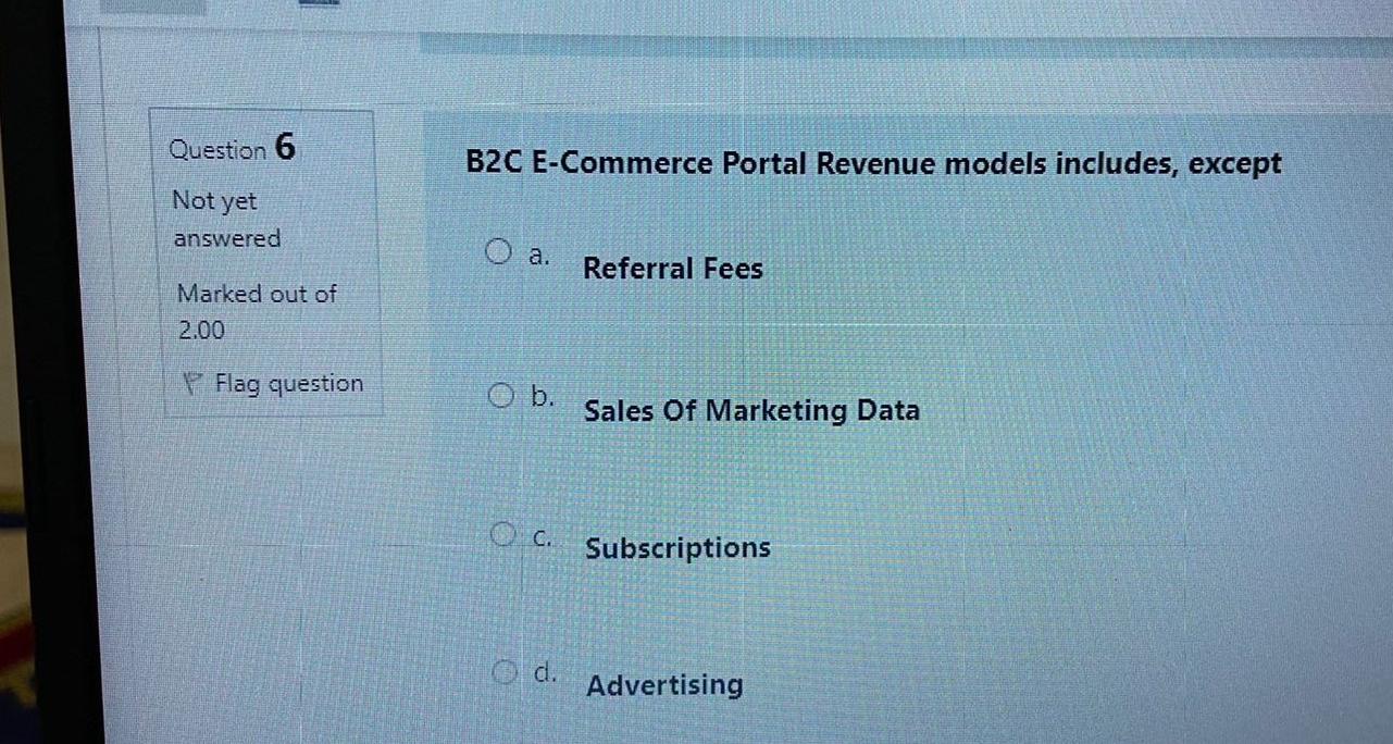 are Major types of E-Commerce revenue models, except Not yet answered a.