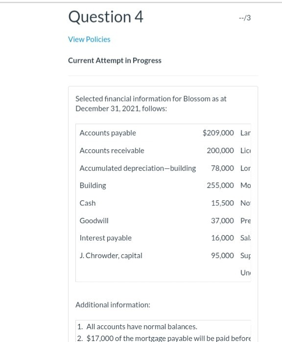 Question 4 --/3 View Policies Current Attempt in Progress Selected financial
