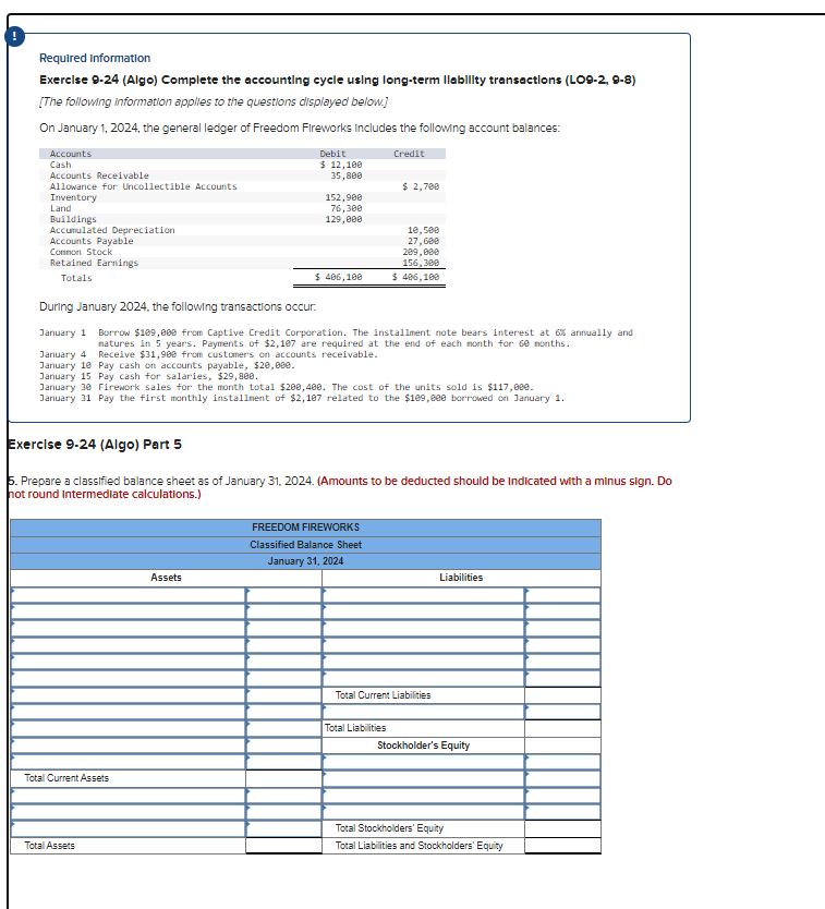  Required information Exerclse 9-24 (Algo) Complete the accounting cycle using long-term