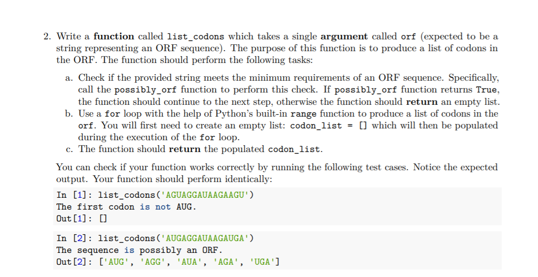Python 2. Write a function called list_codons which takes a single argument