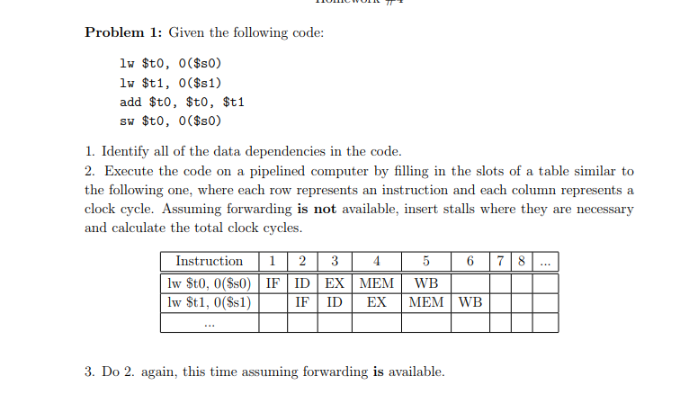 Problem 1: Given the following code lw $t1, 0($s1) add $t0,