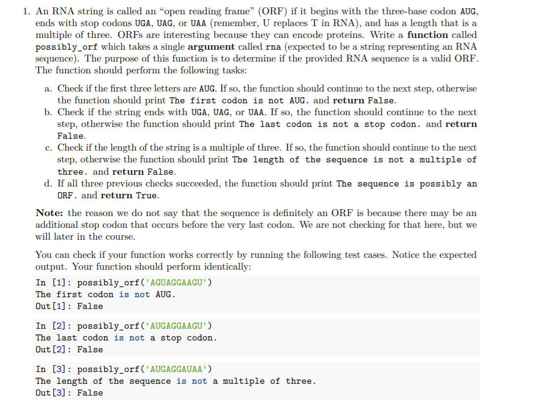 called orf (expected to be a string representing an ORF sequence). The